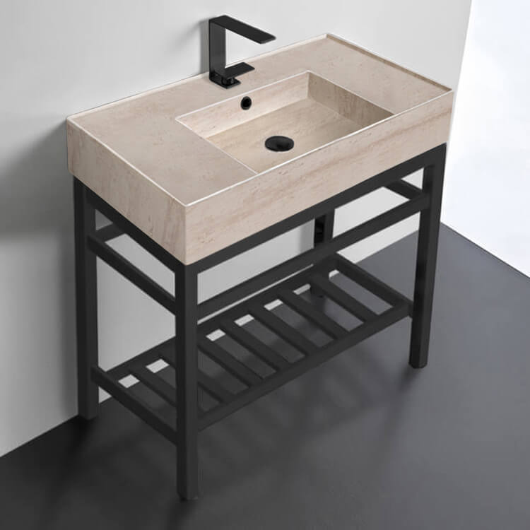 Scarabeo 5123-E-CON2-BLK-One Hole Modern Beige Travertine Design Ceramic Console Sink and Matte Black Base